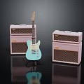 Light Blue Electric Guitar With Two Pink Amplifiers On Dark Reflective Background