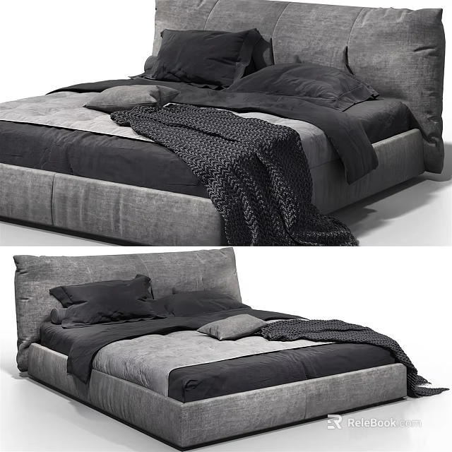 Modern Gray Fabric Double Bed With Black Pillows And Soft Blanket 3d model