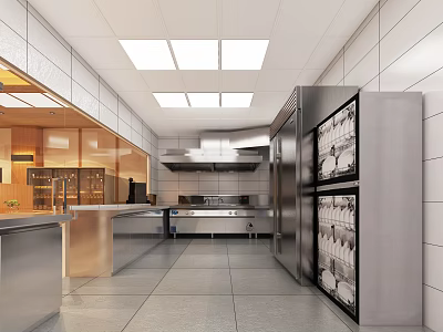 Commercial Kitchen Open Layout With Stainless Steel Appliances White Tiled Walls And Ceiling Lights 3d model