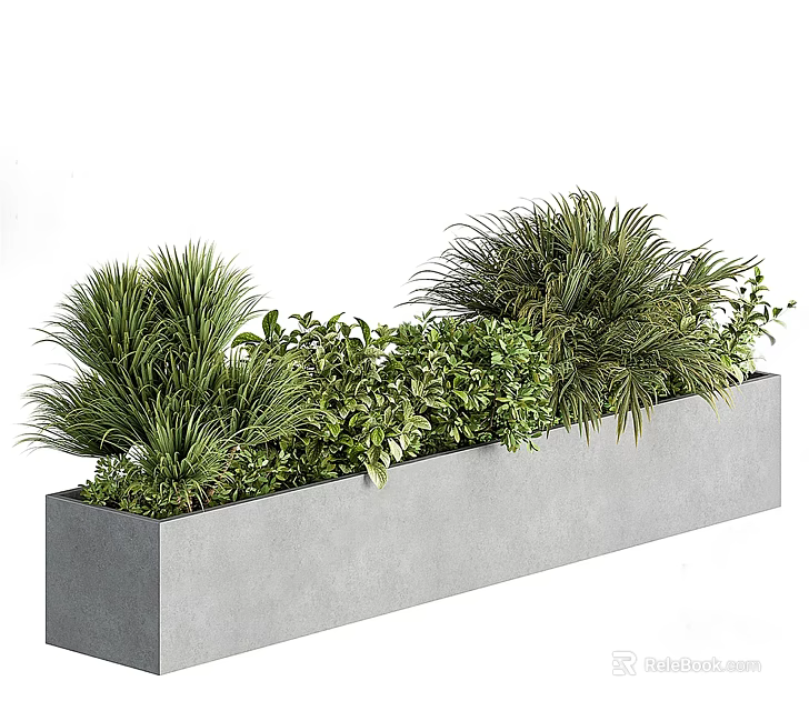 Rectangular Gray Concrete Planter with Various Green Potted Plants and Lush Foliage 3d model