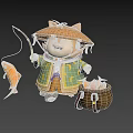 Cartoon Cat Wearing Straw Hat Fishing With Rod And Golden Fish In Basket