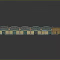 Cartoon Scene Building Facade With Arched Doors Yellow Walls Green Windows And Decorative Tops
