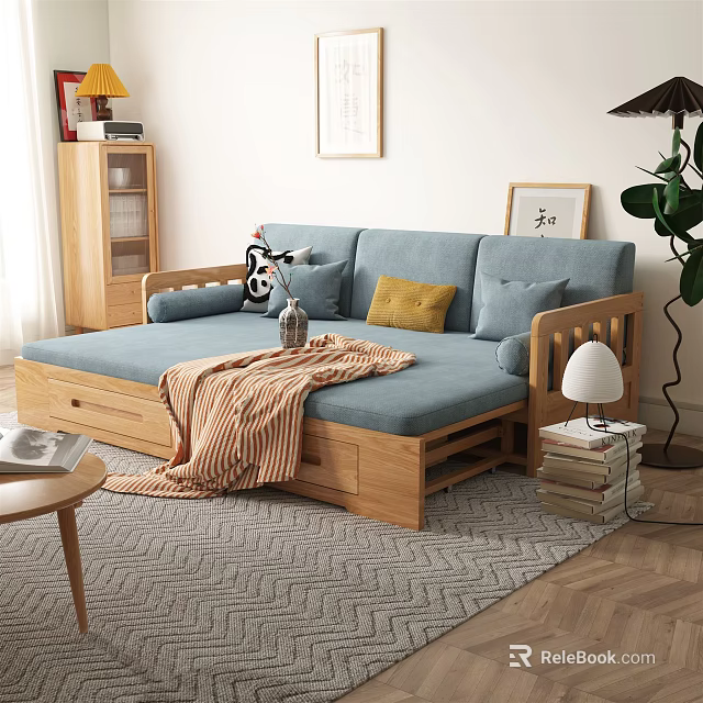 Cozy Living Room With Blue Sofa Wooden Frame Storage Drawers Pillows And Blanket 3d model 