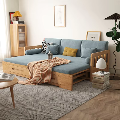 Cozy Living Room With Blue Sofa Wooden Frame Storage Drawers Pillows And Blanket 3d model