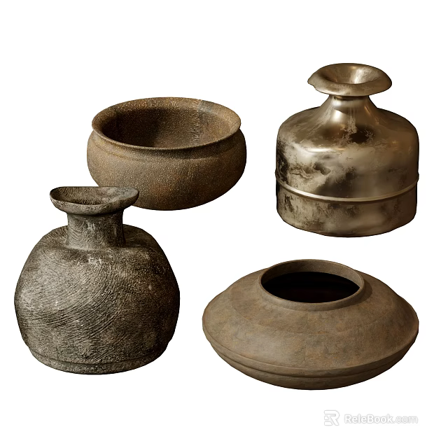 Artisanal Ceramic Vessels in Natural Tones with Diverse Shapes and Textured Surfaces 3d model 