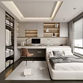 Modern Tatami Bedroom Interior with Tatami Bed Desk Bookshelf Storage and Window Blinds