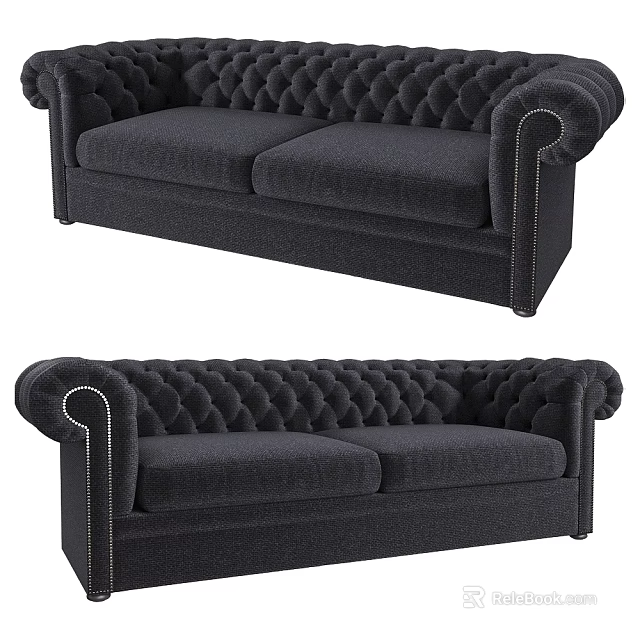 Elegant Tufted Two Seat Sofa With Rolled Arms Nailhead Trim And Black Fabric 3d model 