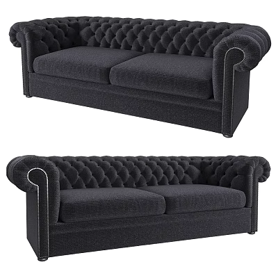 Elegant Tufted Two Seat Sofa With Rolled Arms Nailhead Trim And Black Fabric 3d model