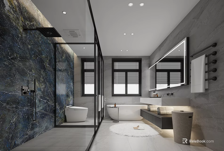 Modern Bathroom Interior With Glass Shower Enclosure Marble Wall Freestanding Bathtub And Large Mirror 3d model 