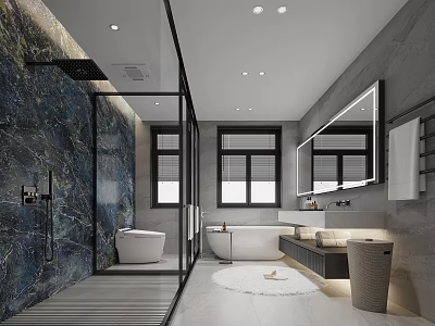 Modern Bathroom Interior With Glass Shower Enclosure Marble Wall Freestanding Bathtub And Large Mirror 3d model