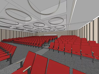 Modern Conference Room Interior With Rows Of Red Seats And Circular Ceiling Fixtures 3d model
