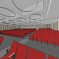 Modern Conference Room Interior With Rows Of Red Seats And Circular Ceiling Fixtures