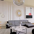 Modern Elegant Living Room Interior With Gray Sofa Crystal Chandelier Artwork Round Ottomans And Plants