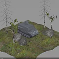 Military Vehicle in Grassland Terrain with Satellite Antenna Surrounded by Trees and Rocks