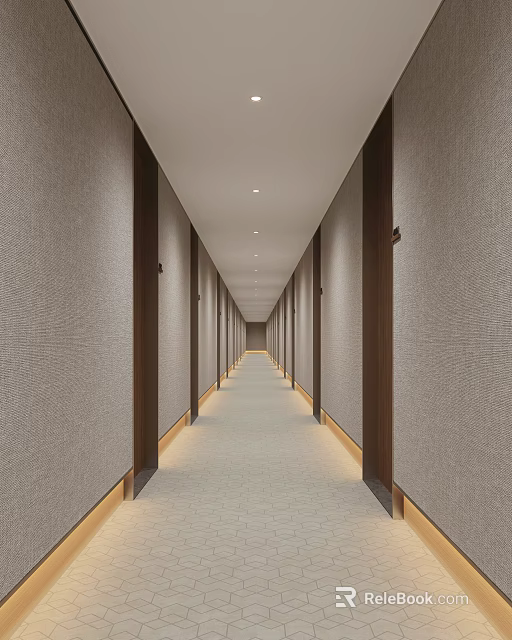 Modern Hotel Corridor Design With Textured Walls Warm Lighting And Carpeted Floor 3d model 