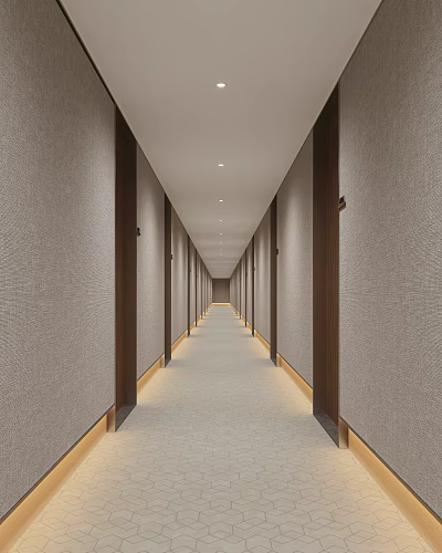 Modern Hotel Corridor Design With Textured Walls Warm Lighting And Carpeted Floor 3d model