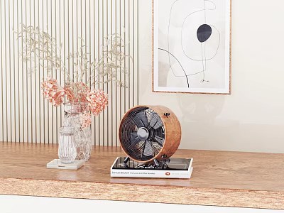 Air Circulator Fan On Wooden Countertop With Flower Vase 3d model