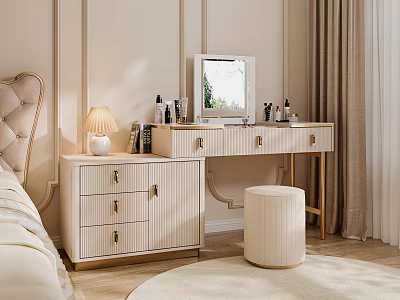 Elegant Modern Dressing Table Bedroom Interior With Mirror Drawers Stool And Skincare Products 3d model