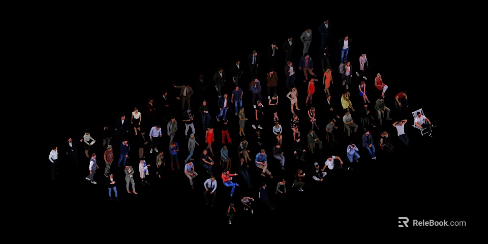 Group of People Gathered in Formation With Different Poses Against Black Background 3d model 