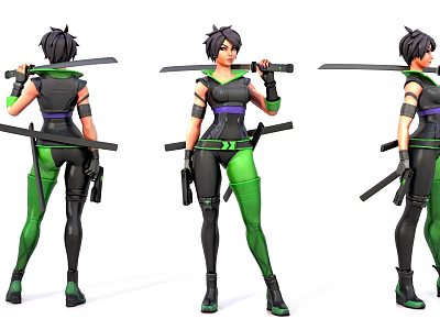 Game Movie Female Character With Short Hair Green Black Outfit Swords And Gun 3d model