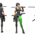 Game Movie Female Character With Short Hair Green Black Outfit Swords And Gun