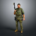 Game Movie Character Male Standing in Green Tactical Gear Holding Rifle