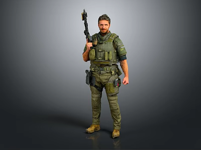 Game Movie Character Male Standing in Green Tactical Gear Holding Rifle 3d model