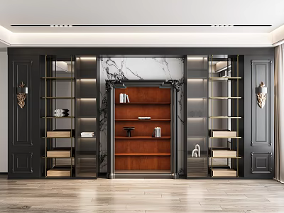 Luxurious Decorative Cabinet With Black Cabinetry Marble Backdrop Wooden Glass Shelves And LED Lighting Strips 3d model