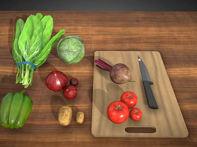 Fresh Assorted Vegetables on Wooden Table with Cutting Board and Knife 3d model