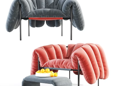 Stylish Modern Velvet Accent Chair In Red Gray With Curved Arms And Ottoman 3d model