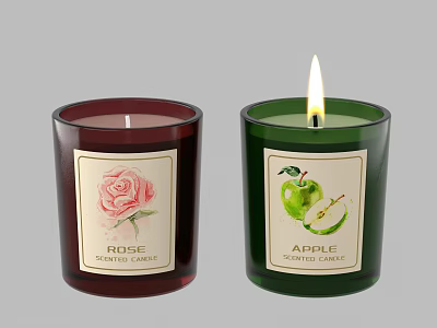 Rose And Apple Scented Candles In Red And Green Glass Jars With Labels 3d model