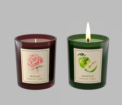 Rose And Apple Scented Candles In Red And Green Glass Jars With Labels 3d model