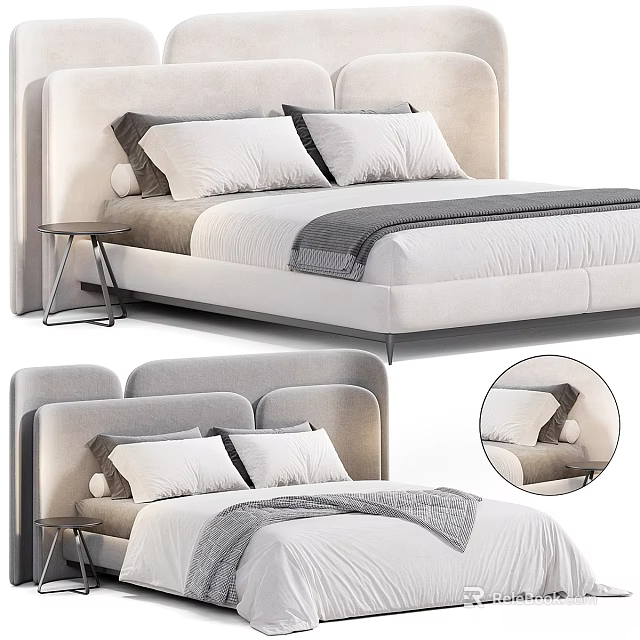 Modern Double Bed With Upholstered Headboard White Pillows And Gray Blanket 3d model 