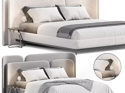 Modern Double Bed With Upholstered Headboard White Pillows And Gray Blanket 3d model