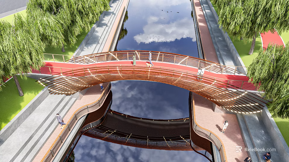 Red Arched Bridge with Water Reflection Green Trees Around and People Walking On 3d model 