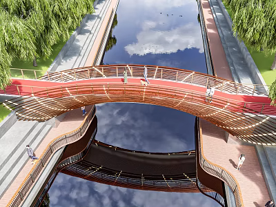 Red Arched Bridge with Water Reflection Green Trees Around and People Walking On 3d model