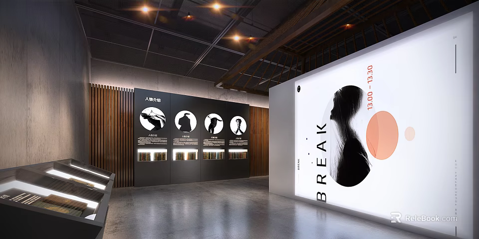 Modern Exhibition Hall Interior With Display Walls Icon Exhibits And Lighting Design 3d model 