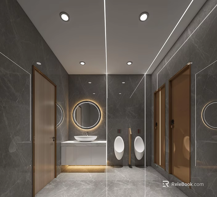 Modern Public Restroom With Gray Marble Walls Round Mirrors White Sink Urinal And Doors 3d model 