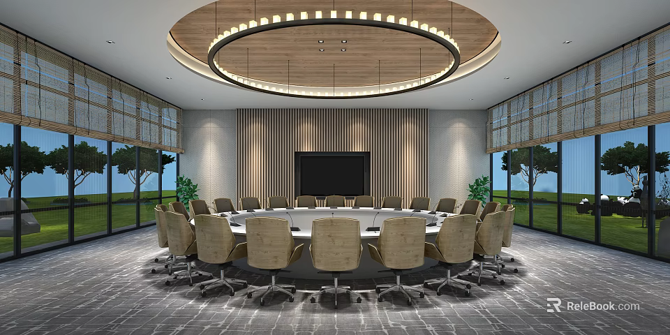 Modern Conference Room With Round Table Chairs Circular Ceiling Light Wooden Striped Backdrop Large Screen 3d model 