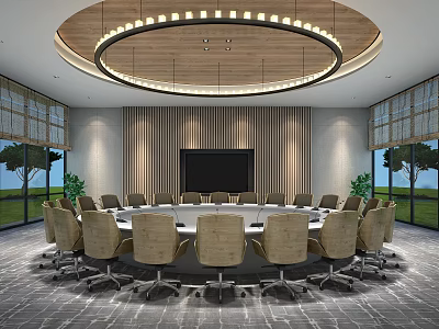 Modern Conference Room With Round Table Chairs Circular Ceiling Light Wooden Striped Backdrop Large Screen 3d model
