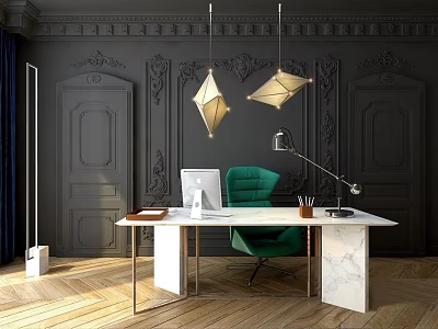 Elegant Modern Desk With Marble Top Green Chair Gold Pendant Lights And Dark Wall 3d model