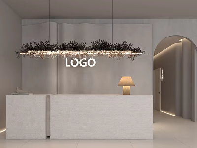 Modern Minimalist Shop Reception Counter With Stone Top Hanging Lighting Fixture And LOGO Wall 3d model