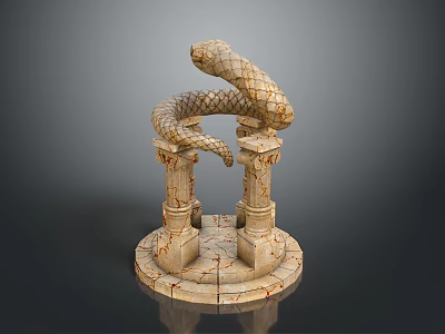 Stone Snake Sculpture Coiled Around Two Columns On Round Textured Base 3d model
