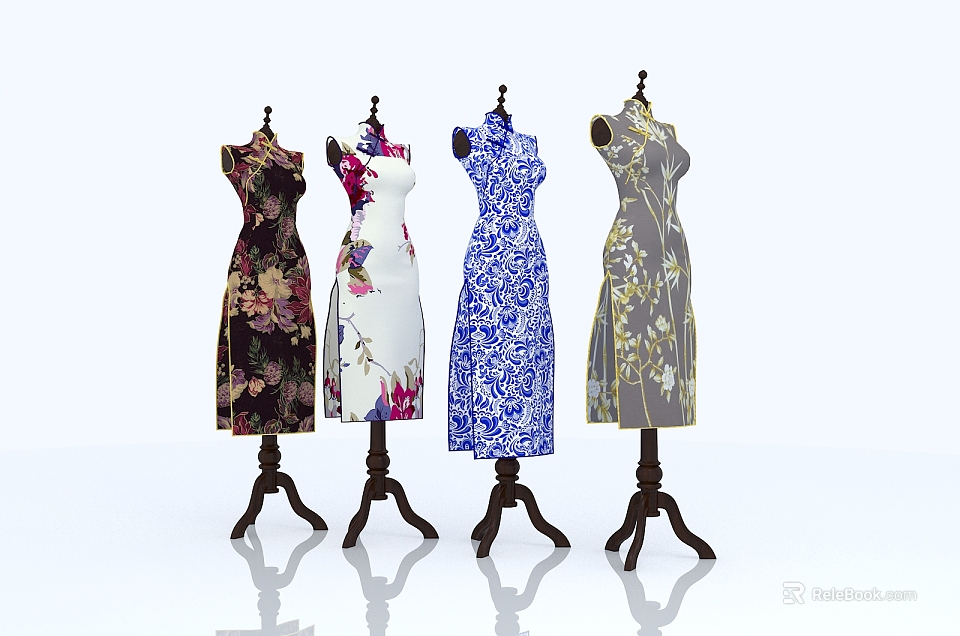 Stylish Mannequins Displaying Traditional Cheongsams With Diverse Patterns On Wooden Stands In White Background 3d model 