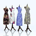 Stylish Mannequins Displaying Traditional Cheongsams With Diverse Patterns On Wooden Stands In White Background