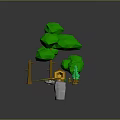 Low Poly Green Trees With Orange Trunks Small Rocks And Tiny Plants 3d model