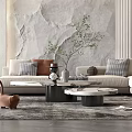 Modern Living Room Interior Featuring Marble Wall Sofa Brown Chair Green Plants And Coffee Tables