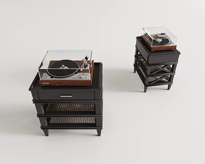 Modern Black Side Tables With Record Player And Shelf Design 3d model