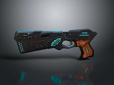 Futuristic Sci Fi Pistol With Black Body Blue Glowing Accents And Orange Grip 3d model
