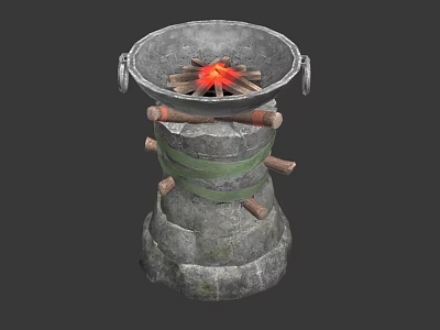 Rustic Stone Stove With Burning Fire And Metal Handles On Round Top Base 3d model